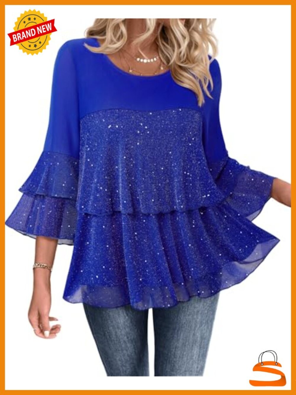 Sparkly Peplum Top 3/4 Sleeve Ruffles Evening Flowy Blouse Tunic